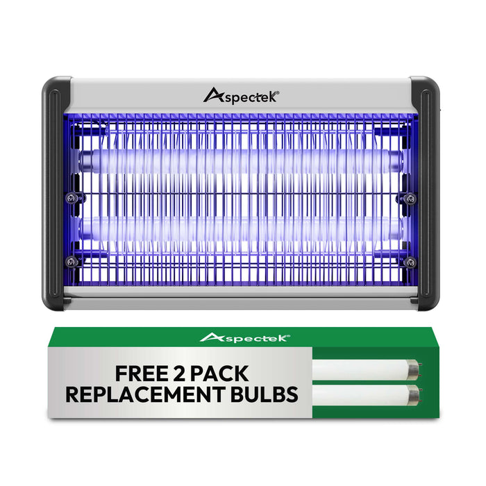 Aspectek 20W Electric Bug Zapper for indoor use. Effective against mosquitoes and flies. 2 extra replacement bulbs included. Lightweight design, 2800V powerful Grid, easy cleaning, washable tray.