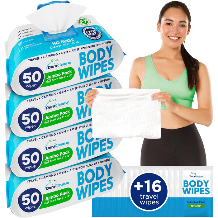 XL Body Wipes - (4 Pack) 200 Shower Wipes + 16 Travel Bath Wipes - 9" x 12" Thick Cleansing Waterless Wash - Adult Wipes for Elderly Incontinence, Camping