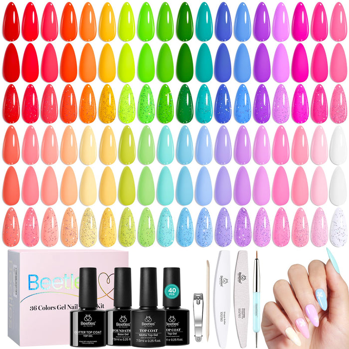 Beetles Spring Gel Polish Set - 36 Colors Pastel Neon Rainbow Bright Color Gel Polish Set with Base Coat Glossy Matte & Glitter Top Coat Pink Red Yellow Manicure Vivid Whimsy Summer Gifts for Women