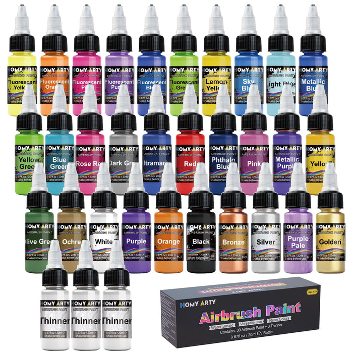 HOMY ARTY Airbrush Paint - 30 Colors with 3 Thinner, Ready to Spray Airbrush Paint Set, Water-Based Acrylic Air Brush Paints for Metal, Plastic Models, Canvas, Wood - 33 Bottles