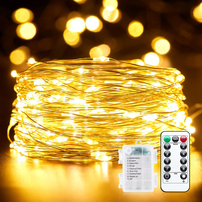 66Ft 200 LED Outdoor String Lights, Warm White Fairy Lights Battery Operated with Remote, Twinkle Lights for Bedroom Patio Party Christmas Decoration