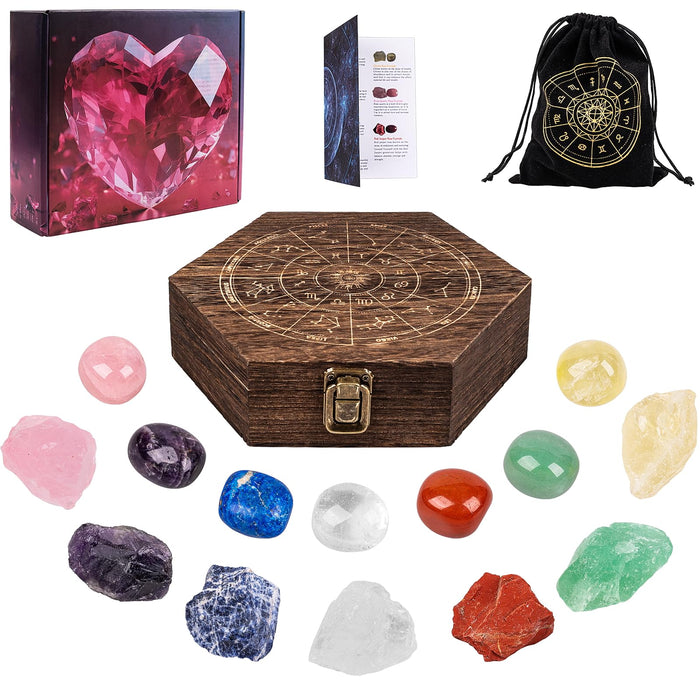 17PCS Crystals and Healing Stones Set,Healing Crystals in Wooden Gift Box,Large Natural Gemstones Kit,7 Raw Chakra Stones and 7 Tumbled Stones,Spiritual Gifts for Women,Gift for Mother's Day