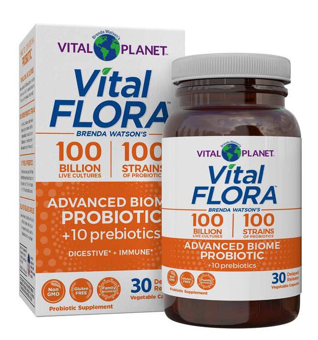 Vital Planet - Vital Flora Advanced Biome Probiotic 100 Billion CFU, 100 Diverse Strains, 10 Organic Prebiotics, Immune Support, Colon and Digestive Health Probiotics for Women and Men 30 Capsules