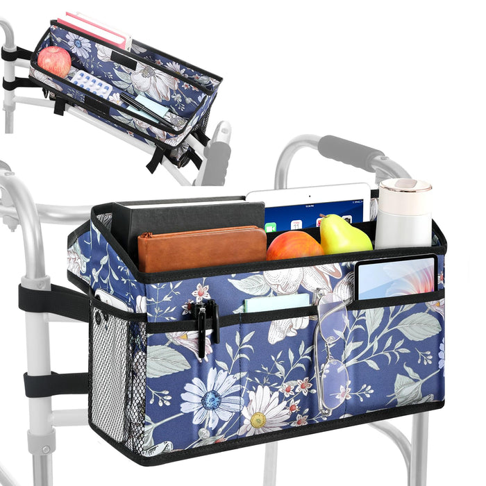 Rhino Valley Walker Basket for Folding Walker, Multi-Pocket Walker Tray with Cup Holder, Foldable Walker Bag, Large Storage Basket for Walker, Walker Accessories for Seniors, Blue Cosmos