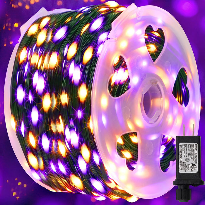 WATERGLIDE Extra Long 328FT Halloween Lights, 1000 LED Outdoor Fairy String Lights, Green PVC Copper Wire Christmas Lights, Plug in 8 Modes & Waterproof for Tree Party Home Yard Decor, Orange&Purple