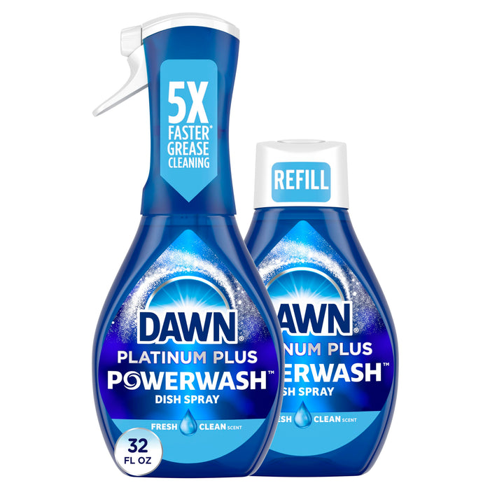 Dawn Powerwash Spray, Dish Soap, Dishwashing Liquid, Cleaning Supplies, Fresh, 1 Starter Kit + 1 Refill, 32 Fl Oz