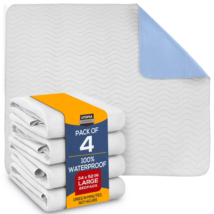 Utopia Bedding Waterproof Incontinence Bed Pads 34 x 52 Inches (Pack of 4, White/Blue), Washable and Reusable Underpads for Adults, Elderly and Pets, Absorbent Protective Pads