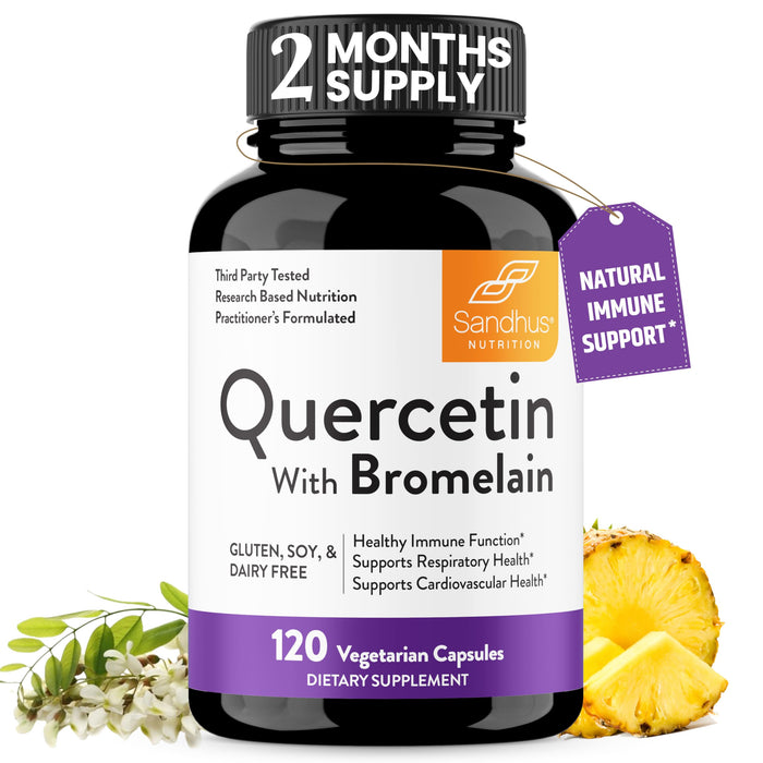 Sandhu's Quercetin with Bromelain 1000mg Per Serving 120 Count Vegetarian Capsules Bioflavonoids Supplement Complex Supports Immune, Cardiovascular & Respiratory Health