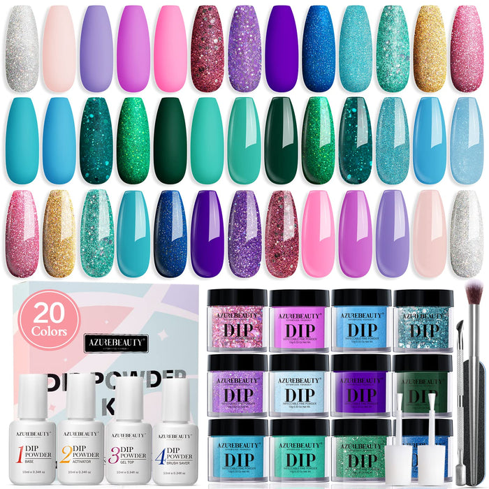 AZUREBEAUTY 29 Pcs Dip Powder Nail Kit Starter, 20 Colors Glitter Nude Green Mermaid Serie Dip Powders Liquid Set with Base Top Coat Activator French Nails Art Manicure DIY Salon Christmas Gift