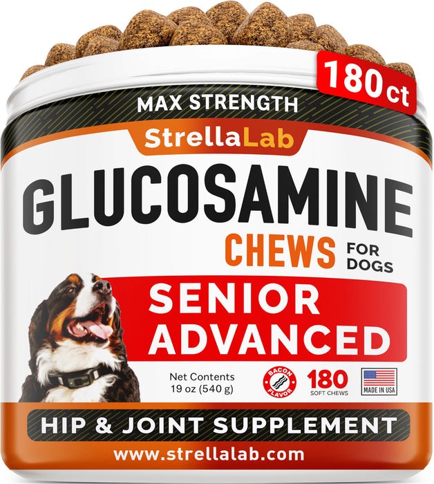 Senior Advanced Glucosamine Chondroitin Joint Supplement for Dogs - Hip & Joint Pain Relief Pills - Large & Small Breed - Hip Joint Chews Canine Joint Health - Chews Older Dogs - Bacon Flavor - 180Ct