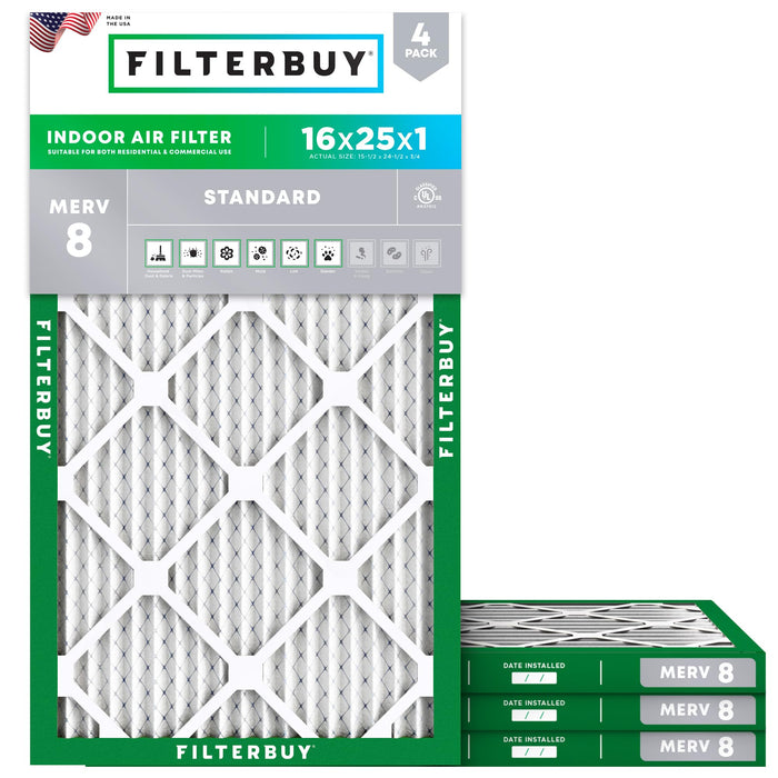 Filterbuy 16x25x1 Air Filter MERV 8 Dust Defense (4-Pack), Pleated HVAC AC Furnace Air Filters Replacement (Actual Size: 15.50 x 24.50 x 0.75 Inches)