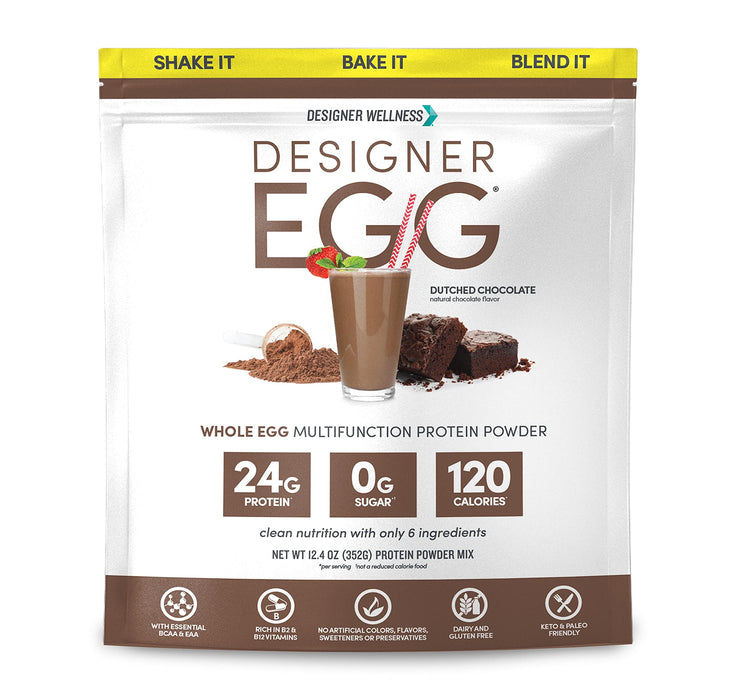 Designer Wellness, Designer Egg, Natural Egg Yolk & Egg White Protein Powder, Keto and Paleo Friendly, Low Calorie, Less Fat and Cholesterol, Dutch Chocolate, 12.4 Ounce