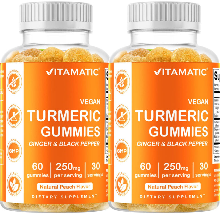 Vitamatic 2 Pack Turmeric Gummies with Ginger & Black Pepper Extract - 95% Curcuminoids - 60 Vegan Gummies