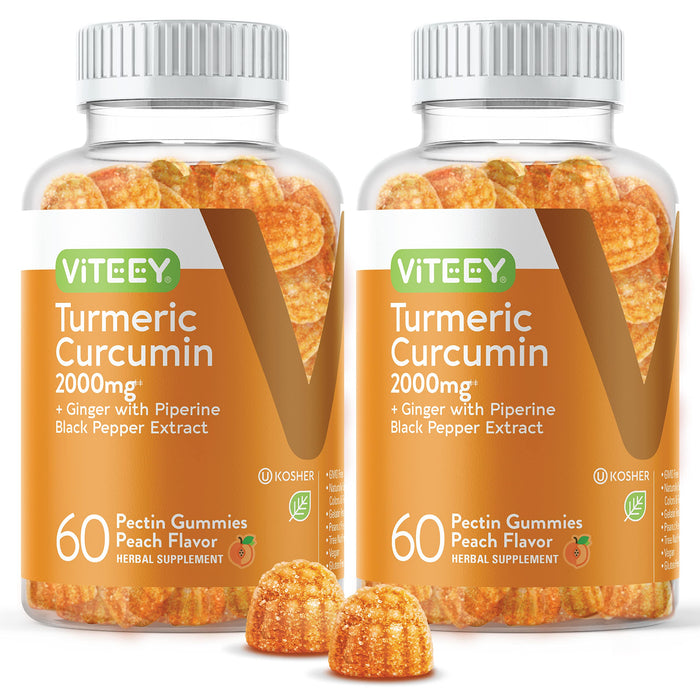 Turmeric Curcumin Gummies with Ginger & Black Pepper Herbal Supplement, 2000mg, Immune Support, Healthy Skin, and Joint Health, Vegan, Pectin Based, for Adults and Teens - Chewable Peach Flavor(2Pack)