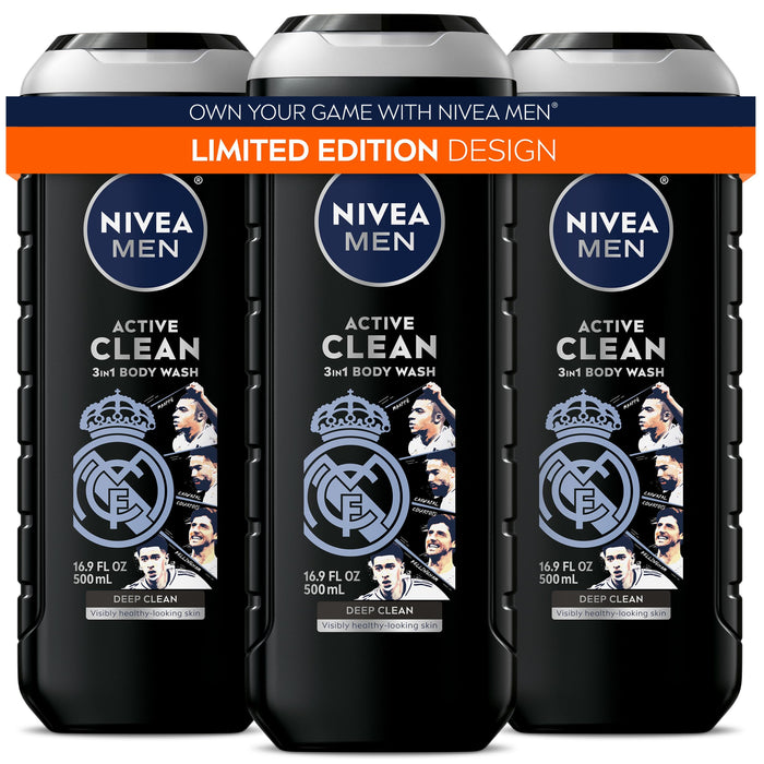 NIVEA MEN Real Madrid Limited Edition Design Active Clean Body Wash with Natural Charcoal for Normal to Oily Skin, 3-in-1 Charcoal Body Wash, Face and Hair, 16.9 Fl Oz Bottle, Pack of 3