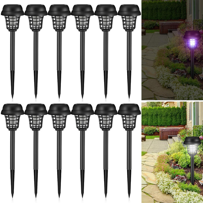 Qualirey 12 Pcs Solar Bug Zapper Outdoor Waterproof Solar Mosquito Zapper Outdoor Solar Powered Mosquito Killer Lamp Lighting Mosquito Repellent Lamp for Patio Yard Garden Insect, Purple White Light