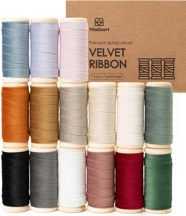 Vitalizart Velvet Ribbon Set 3/8" x 75 Yd Wooden Spool Fabric Trim 15 Rolls * 5 Yd for Christmas Wreath Decoration Handmade Craft Ornaments Gift Wrapping & Bow Making