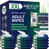 Adult Wipes For Elderly - 8"x13" 720ct (12 Packs of 60) Huge & Soft Body Wipes for Adults Bathing No-Rinse - Incontinence Disposable Washcloths, Vitamin E & Aloe Infused Shower Wipes.