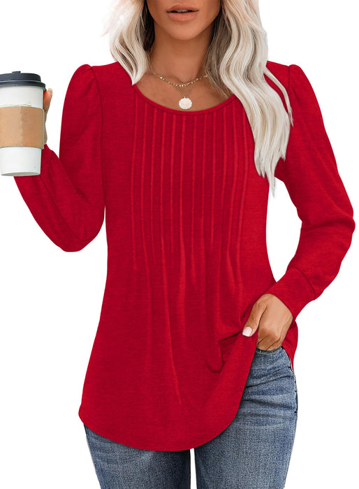 OFEEFAN Womens Long Sleeve Shirts Fall Tops Trendy Pleating Christmas Tunics or Tops to Wear with Leggings Blouse Red M