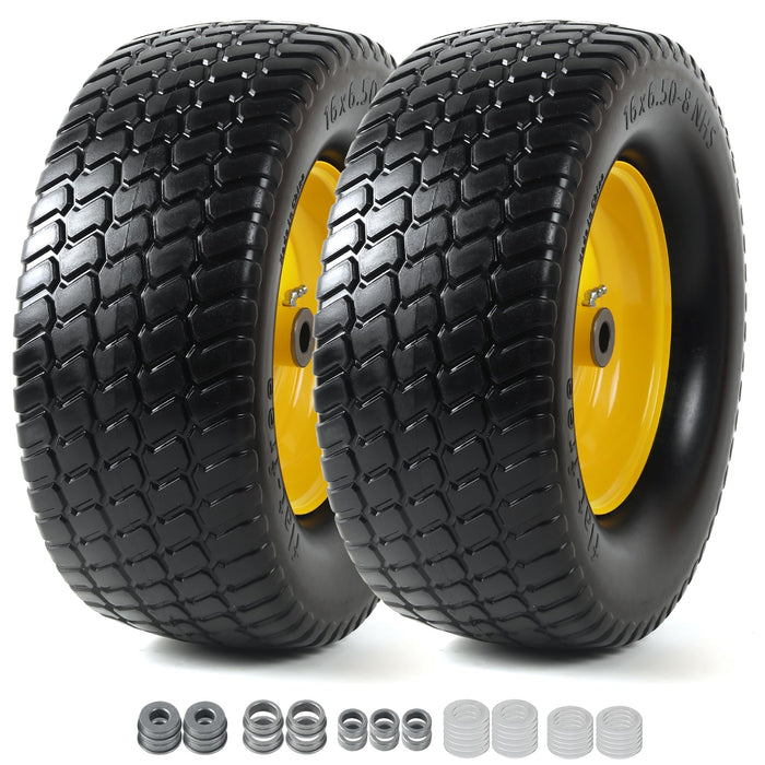 AR-PRO 2-Pack 16x6.50-8 Flat-Free Tire and Wheel Assembly - Solid Lawn Mower Tire with 3"-5" Centered Hub & 3/4" Bushings - Perfect for Riding Mower Garden Tractors & Yard Equipment