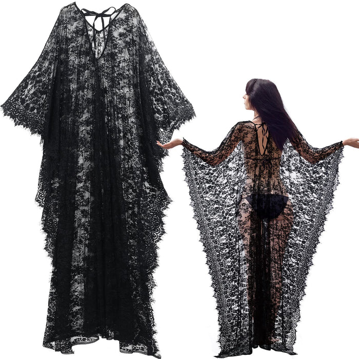 Mepase Boho Witch Lace Kimono Kaftan Dress Robe Beach Bikini Swimsuit,Black
