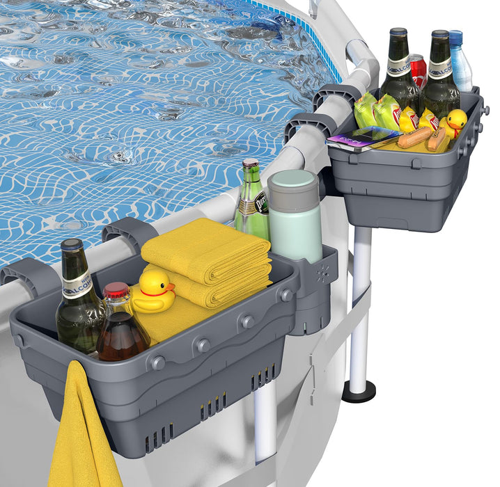 VICHTOP 2026 Upgrade 2 Sets Poolside Storage Basket, Above Ground Pool Accessories, Swimming Pool Storage Basket with Cup Holder, Mesh Bag and Support Bar to Organize Towel Pool Toy