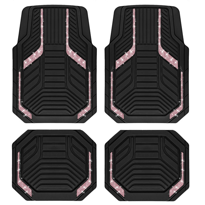 PIC AUTO Car Floor Mats, Pink Sparkly Crystal Bling Glitter Car Mats Set, Front and Rear Heavy Duty Rubber Car Mats with Anti-Slip Backing, All Weather, Trim-to-Fit for SUVs, Trucks, Sedan, Vans
