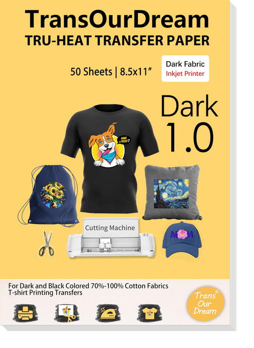 TransOurDream Heat Transfer Paper for Dark T Shirts (50 Sheets, 8.5x11", Dark 1.0) Iron on Transfers Paper for Inkjet Printer Printable Heat Transfer Vinyl for Dark Fabrics