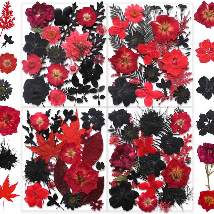 141PCS Black Red Dried Pressed Flowers for Resin - Youthbro Real Nature Flowers Butterfly Stikers Set for Christmas DIY Candle Soap Vase Making Nail Card Scrapbook Art Craft Floral Decors