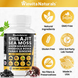 Shilajit Pure Himalayan Organic 10,000mg Sea Moss 6000mg Ashwagandha 3000mg Panax Ginseng 3000mg Cordyceps Rhodiola Rosea 1000mg Zinc, Fulvic Acid & Trace Minerals - Sea Moss Shilajit Capsules USA