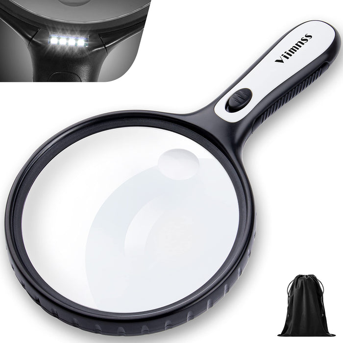 Large Magnifying Glass with Light, 5X 15X Magnifier Handheld Illuminated Lighted Magnifier with 4 LED Lights Storage Bag Clean Cloth for Seniors Reading, Inspection, Exploring