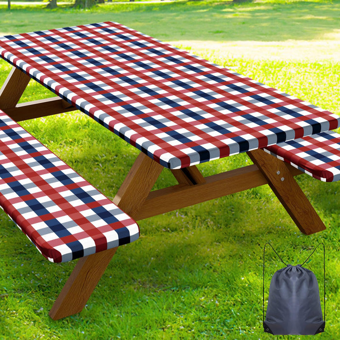 Smiry Picnic Table Cover with Bench Covers, Waterproof Elastic Fitted Tablecloths for 5 Foot Rectangle Tables, Washable Buffalo Plaid Tablecloth for Camping, Outdoor (Red & Blue, 30"x60")