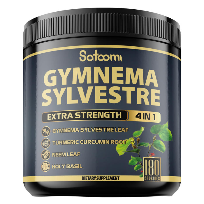 Satoomi Pure Gymnema Sylvestre Capsules Extract - 180 Capsules of 6 Month - Blended with Neem Leaf, Holy Basil & Turmeric Curcumin Root