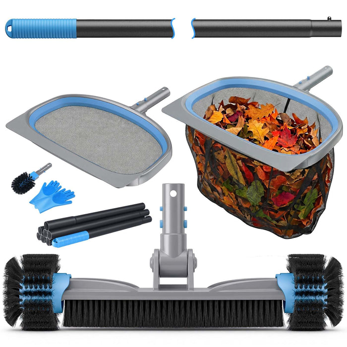 UIRWAY 6-in-1 Deluxe Swimming Pool Cleaning Kit - Includes Detachable Pool Brush, Deep Leaf Skimmer & Fine Mesh Net, Small Brush, Gloves, Adjustable Aluminum Pole Inground & Above Ground Cleaning