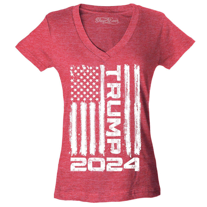 shop4ever Trump Flag 2024 Women's V-Neck T-Shirt Large Heather Red