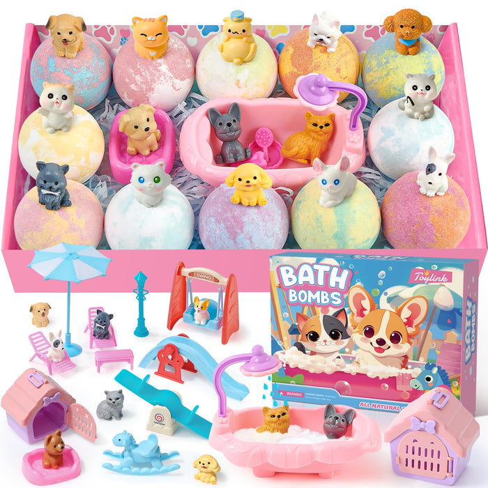Toylink Bath Bombs for Kids with Surprise Inside for Girls Boys, 12 Pack Kids Bath Bombs with Dog & Cat Toys Pretend Playset Handmade Bubble Bath Fizzies Birthday Christmas Gift Set