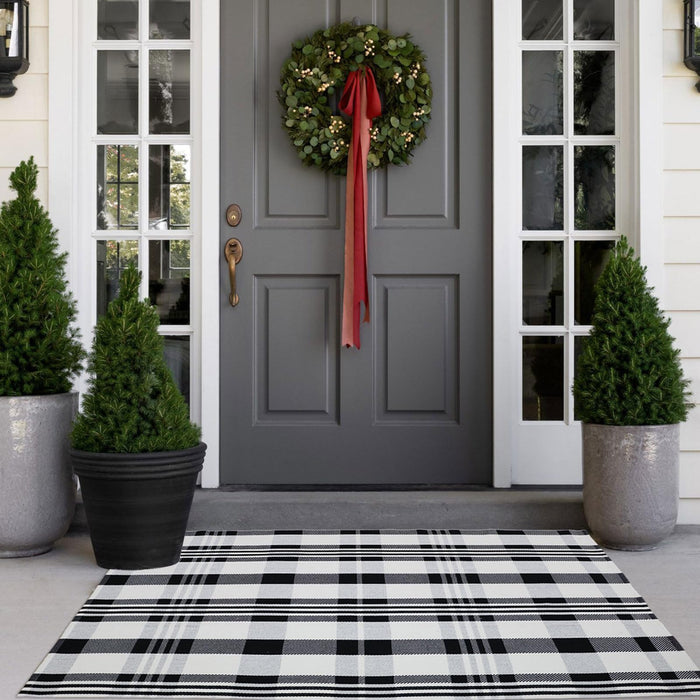 Christmas Plaid Outdoor Rug, 3' x 5' Black&White Check Indoor/Outdoor Area Rug, Layering Rug for Hello/Welcome Door Mat, Machine Washable Cotton Woven Rug for Farmhouse Front Porch, Entryway