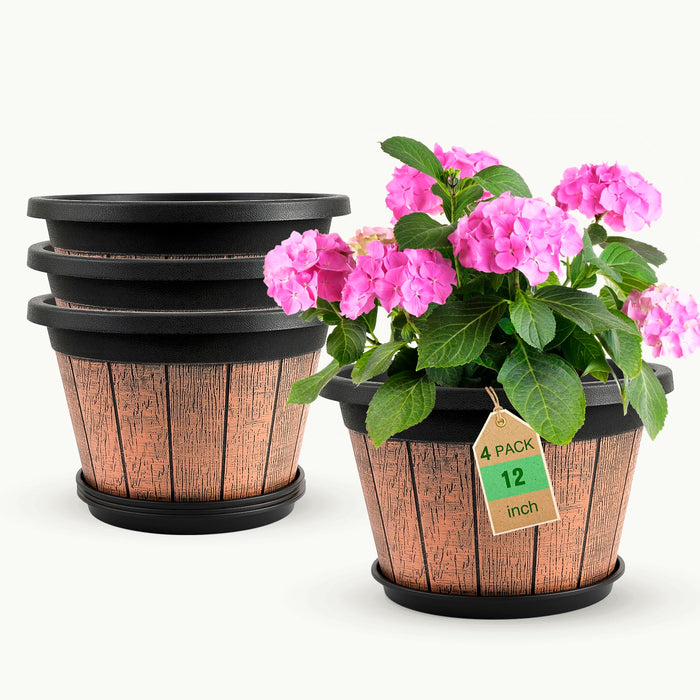 Quarut 4 Pack 12 inch Plant Pots,Whiskey Barrel Planters with Drainage Holes & Saucer,Plastic Decoration Flower Pots Retro Design,Planters for Outdoor Indoor Garden Home Plants (Brown)