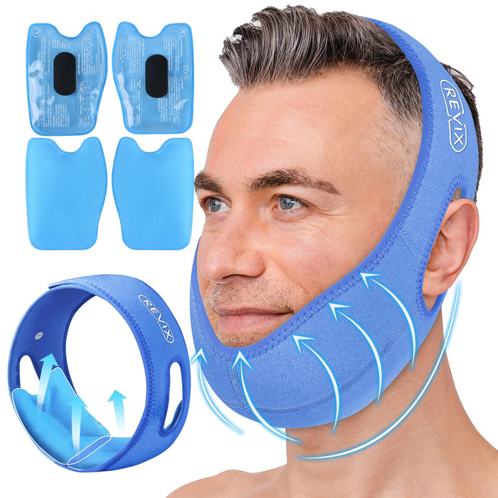 REVIX Face Ice Pack for Wisdom Teeth Recovery, 3D Sewing Ice Pack Head Wrap for TMJ Pain Relief, Jaw Soreness, Dental Caries & Tooth Extraction, Extra Snug Fit with 4 Hot and Cold Packs, Blue