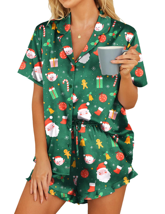 HOTOUCH Womens Christmas Pajamas for Women Short Sleeve Satin Short Sets Button Down Short Sleeve Pajamas Sleepwear