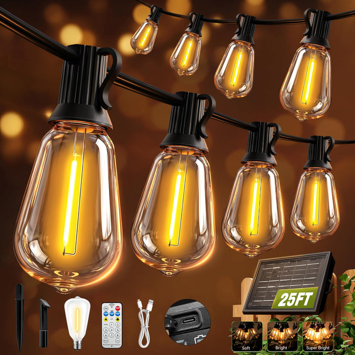 Skoiuc Solar String Lights Outdoor Waterproof with Remote & Timer, LED Shatterproof ST38 Bulbs, USB & Solar Powered Patio Lights for Backyard, Porch, Garden, Wedding, Christmas Decor (25FT)