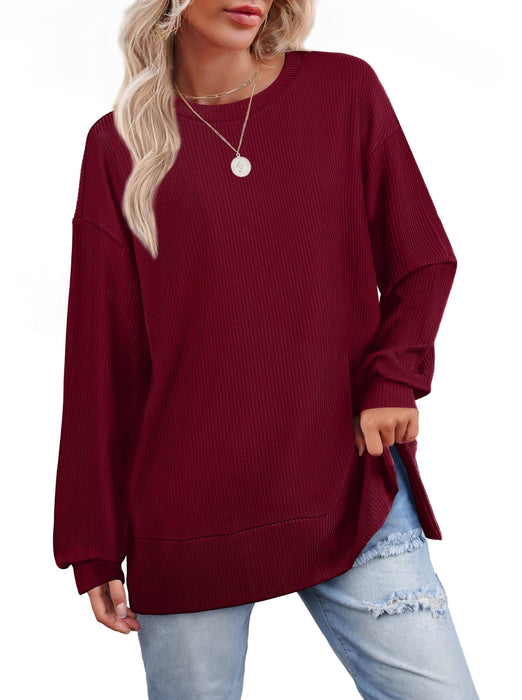 OFEEFAN Christmas Sweaters for Women Burgundy Long Sleeve Side Slit Tops Ribbed Shirts Loose Fit Winter L