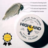 Highland Glacial Hair Clay Pomade - Award winning hair styling clay for men and women made with 100% all natural and organic ingredients that promote hair and scalp health. Low shine, Medium Hold.