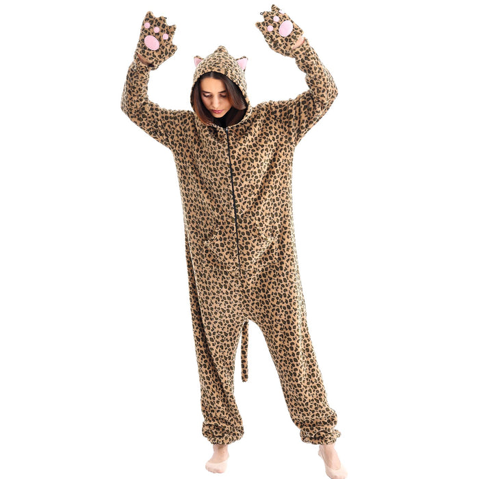 Unisex Adult Cheetah Onesie Animal Costume for Halloween One Piece Costume Cosplay Women Men Make up Party Homewear, XL