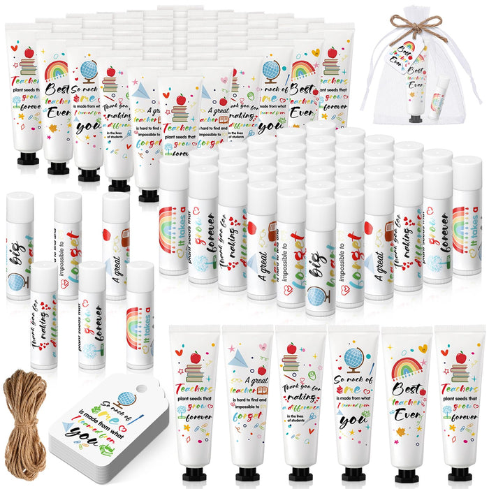 Dimsile 48 Set Teacher Appreciation Gifts Lip Balm Hand Cream Thank You Gifts with Cards Organza Bags Travel Size Moisturizing Hand Lotion for Dry Crack Hand Thank You Gifts for Teachers' Day