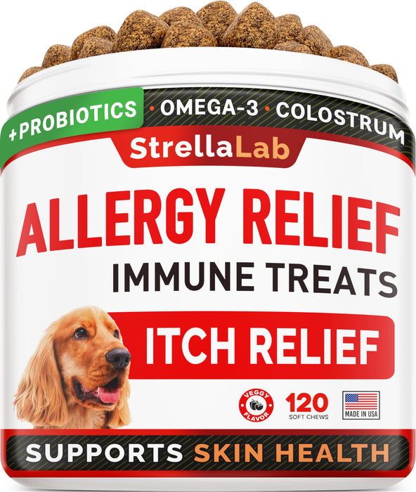 STRELLALAB Dog Allergy Relief + Probiotics for Dogs - Itchy Skin Treatment + Omega 3 & Pumpkin, Dog Allergy Chews & Anti Itch Support Supplement, Dogs Itching & Licking Treats, Dog Itch Relief Chew