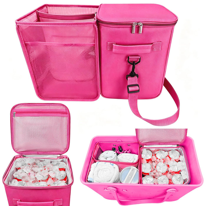 XYFuuee 2-in-1 Cooler Organizer Insert for X Large Bogg Bag Accessories, PEVA Leak-Proof Ice Chest, Lightweight Mesh Divider Inserts Pouch with 4Fastener for XL Bog Beach Rubber Tote, Hot Pink