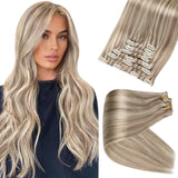 Full Shine Clip in Human Hair Extensions Highlights Blonde 20 Inch Long Ash Blonde Clip in Hair Extensions Mix 613 Blonde Pu Clip in Extensions Real Human Hair Double Weft 8 Pcs 120 Grams