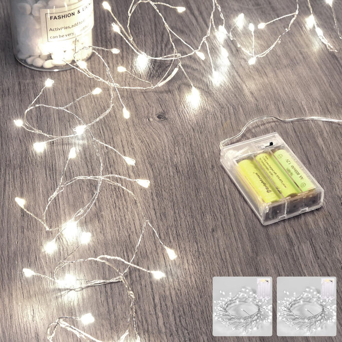 2 Pack Fairy Lights Battery Operated, Twinkle String Lights Waterproof Silver Wire 5 Feet 60 Led Firecracker Starry Lights for DIY Wreath Wedding Party Bedroom Mason Jar Holiday Christmas, Pure White