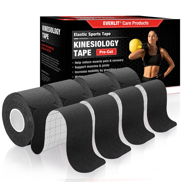 EVERLIT [4-Pack] Pre-Cut Elastic Cotton Kinesiology Therapeutic Athletic Sports Tape, for Pain Relief and Support, 80 Precut 10” Strips (Black)